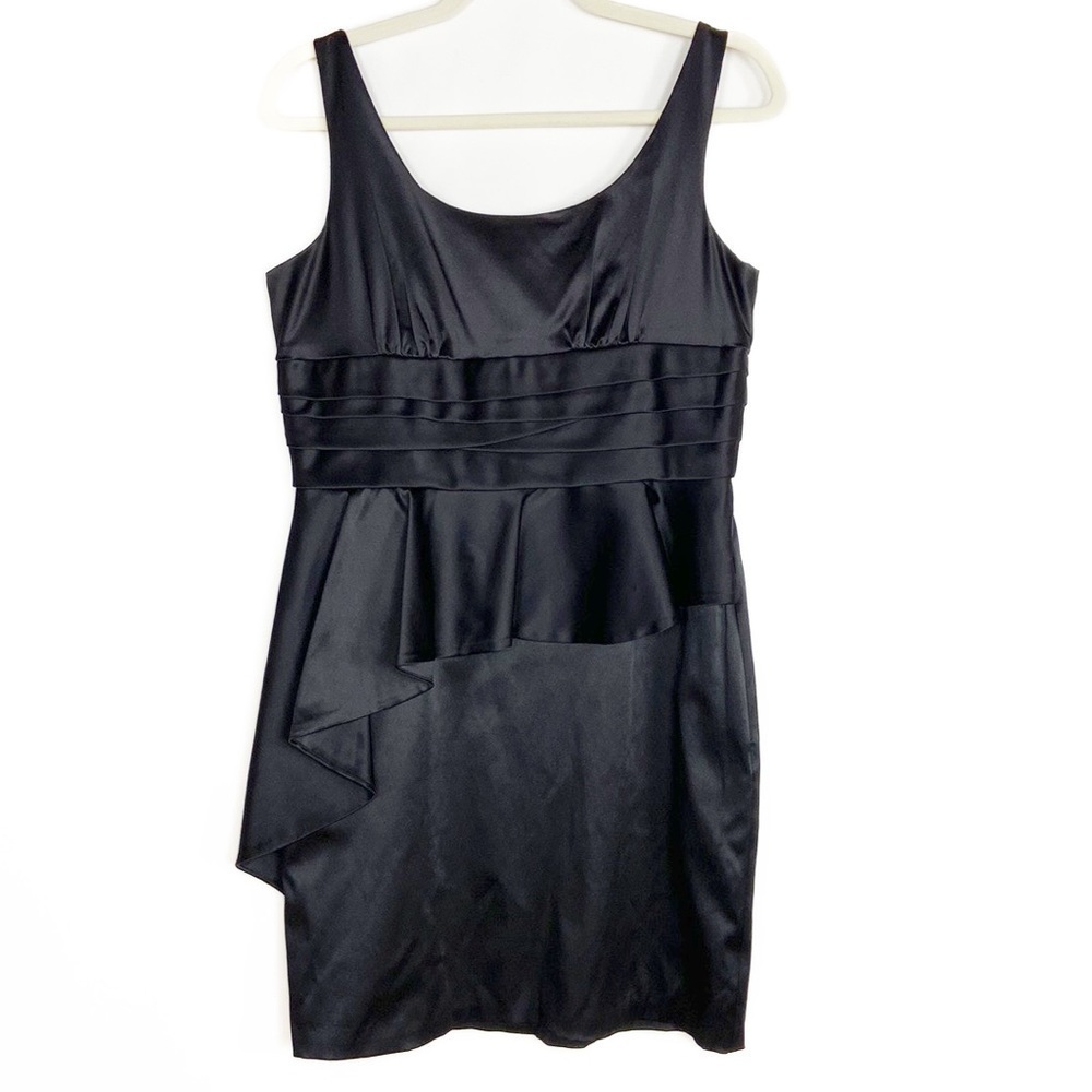 BCBGENERATION Satin Asymmetrical Ruffle Sleeveless Pockets Little Black Dress